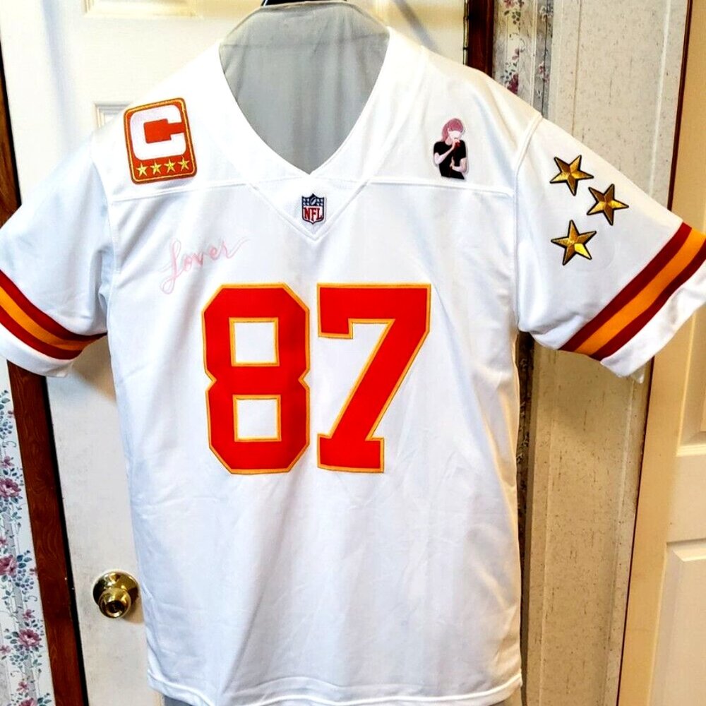 T Swiftie KC 87 Football Jersey With Theme (LOVER) Necklace White/Red Size S